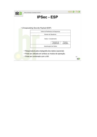 IPSec - ESP

●
    Encapsulating Security Payload (ESP)

                             Índice de Parâmetros de Segurança

                                   Número de Sequência


                                   Dados + Complemento

                                                Tamanho do        Próximo
                                                complemento      Cabeçalho

                                  Autenticação dos Dados


     ●
         Responsável pela criptografia dos dados (opcional);
     ●
         Pode ser utilizado em ambos os modos de operação;
     ●
         Pode ser combinado com o AH.                                        161
 
