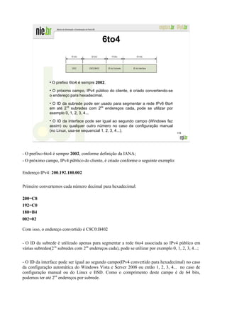 6to4



               ●
                   O prefixo 6to4 é sempre 2002.
               ●
                 O próximo campo, IPv4 público do cliente, é criado convertendo-se
               o endereço para hexadecimal.
               ●
                O ID da subrede pode ser usado para segmentar a rede IPv6 6to4
               em até 216 subredes com 264 endereços cada, pode se utilizar por
               exemplo 0, 1, 2, 3, 4...
               ●
                 O ID da interface pode ser igual ao segundo campo (Windows faz
               assim) ou qualquer outro número no caso de configuração manual
               (no Linux, usa-se sequencial 1, 2, 3, 4...).                           184




- O prefixo 6to4 é sempre 2002, conforme definição da IANA;
- O próximo campo, IPv4 público do cliente, é criado conforme o seguinte exemplo:

Endereço IPv4: 200.192.180.002


Primeiro convertemos cada número decimal para hexadecimal:

200=C8
192=C0
180=B4
002=02

Com isso, o endereço convertido é C8C0:B402


- O ID da subrede é utilizado apenas para segmentar a rede 6to4 associada ao IPv4 público em
várias subredes(216 subredes com 264 endereços cada), pode se utilizar por exemplo 0, 1, 2, 3, 4...;


- O ID da interface pode ser igual ao segundo campo(IPv4 convertido para hexadecimal) no caso
da configuração automática do Windows Vista e Server 2008 ou então 1, 2, 3, 4... no caso de
configuração manual ou do Linux e BSD. Como o comprimento deste campo é de 64 bits,
podemos ter até 264 endereços por subrede.
 