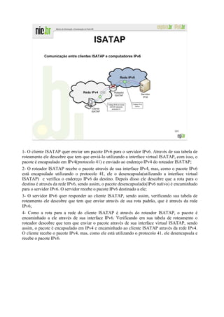 ISATAP
            Comunicação entre clientes ISATAP e computadores IPv6




                                                                                   195




1- O cliente ISATAP quer enviar um pacote IPv6 para o servidor IPv6. Através de sua tabela de
roteamento ele descobre que tem que enviá-lo utilizando a interface virtual ISATAP, com isso, o
pacote é encapsulado em IPv4(protocolo 41) e enviado ao endereço IPv4 do roteador ISATAP;
2- O roteador ISATAP recebe o pacote através de sua interface IPv4, mas, como o pacote IPv6
está encapsulado utilizando o protocolo 41, ele o desencapsula(utilizando a interface virtual
ISATAP) e verifica o endereço IPv6 do destino. Depois disso ele descobre que a rota para o
destino é através da rede IPv6, sendo assim, o pacote desencapsulado(IPv6 nativo) é encaminhado
para o servidor IPv6. O servidor recebe o pacote IPv6 destinado a ele;
3- O servidor IPv6 quer responder ao cliente ISATAP, sendo assim, verificando sua tabela de
roteamento ele descobre que tem que enviar através de sua rota padrão, que é através da rede
IPv6;
4- Como a rota para a rede do cliente ISATAP é através do roteador ISATAP, o pacote é
encaminhado a ele através de sua interface IPv6. Verificando em sua tabela de roteamento o
roteador descobre que tem que enviar o pacote através de sua interface virtual ISATAP, sendo
assim, o pacote é encapsulado em IPv4 e encaminhado ao cliente ISATAP através da rede IPv4.
O cliente recebe o pacote IPv4, mas, como ele está utilizando o protocolo 41, ele desencapsula e
recebe o pacote IPv6.
 