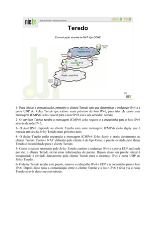 Teredo
                              Comunicação através de NAT tipo CONE




                                                                                  199




1- Para iniciar a comunicação, primeiro o cliente Teredo tem que determinar o endereço IPv4 e a
porta UDP do Relay Teredo que estiver mais próximo do host IPv6, para isto, ele envia uma
mensagem ICMPv6 echo request para o host IPv6 via o seu servidor Teredo;
2- O servidor Teredo recebe a mensagem ICMPv6 echo request e a encaminha para o host IPv6
através da rede IPv6;
3- O host IPv6 responde ao cliente Teredo com uma mensagem ICMPv6 Echo Reply que é
roteada através do Relay Teredo mais próximo dele;
4- O Relay Teredo então encapsula a mensagem ICMPv6 Echo Reply e envia diretamente ao
cliente Teredo. Como o NAT utilizado pelo cliente é do tipo Cone, o pacote enviado pelo Relay
Teredo é encaminhado para o cliente Teredo;
5- Como o pacote retornado pelo Relay Teredo contém o endereço IPv4 e a porta UDP utilizada
por ele, o cliente Teredo extrai estas informações do pacote. Depois disso um pacote inicial é
encapsulado e enviado diretamente pelo cliente Teredo para o endereço IPv4 e porta UDP do
Relay Teredo;
6- O Relay Teredo recebe este pacote, remove o cabeçalho IPv4 e UDP e o encaminha para o host
IPv6. Depois disso toda a comunicação entre o cliente Teredo e o host IPv6 é feita via o relay
Teredo através deste mesmo método.
 