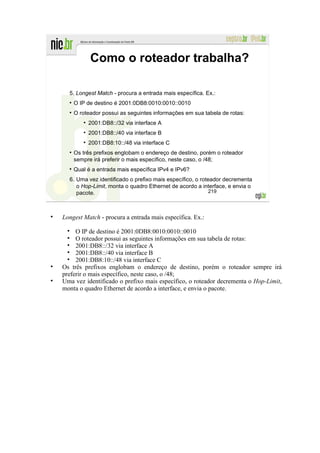 Como o roteador trabalha?

  5. Longest Match - procura a entrada mais específica. Ex.:
    O IP de destino é 2001:0DB8:0010:0010::0010
    O roteador possui as seguintes informações em sua tabela de rotas:
          2001:DB8::/32 via interface A
          2001:DB8::/40 via interface B
          2001:DB8:10::/48 via interface C
    Os três prefixos englobam o endereço de destino, porém o roteador
    sempre irá preferir o mais específico, neste caso, o /48;
    Qual é a entrada mais específica IPv4 e IPv6?
  6. Uma vez identificado o prefixo mais específico, o roteador decrementa
     o Hop-Limit, monta o quadro Ethernet de acordo a interface, e envia o
     pacote.                                               219




Longest Match - procura a entrada mais específica. Ex.:

     O IP de destino é 2001:0DB8:0010:0010::0010
     O roteador possui as seguintes informações em sua tabela de rotas:
     2001:DB8::/32 via interface A
     2001:DB8::/40 via interface B
     2001:DB8:10::/48 via interface C
Os três prefixos englobam o endereço de destino, porém o roteador sempre irá
preferir o mais específico, neste caso, o /48;
Uma vez identificado o prefixo mais específico, o roteador decrementa o Hop-Limit,
monta o quadro Ethernet de acordo a interface, e envia o pacote.
 