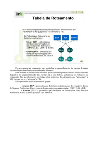 Tabela de Roteamento

                São as informações recebidas pelos protocolos de roteamento que
                “alimentam” a RIB que por sua vez “alimenta” a FIB.

              • Os Protocolos de Roteamento se
                dividem em dois grupos:                 EGP          IGP       Estáticas

                    Interno (IGP) - protocolos que
                    distribuem as informações dos
                    roteadores dentro de Sistemas
                    Autônomos. Ex.: OSPF; IS-IS; RIP.
                                                            RIB v4         RIB v6
                    Externo (EGP) - protocolos que
                    distribuem as informações entre
                    Sistemas Autônomos. Ex.: BGP-4.
                                                            FIB v4      FIB v6
                                                                     222




       É o mecanismo de roteamento que possibilita o encaminhamento de pacotes de dados
entre quaisquer dois dispositivos conectados à Internet.
       Para atualizar as informações utilizadas pelos roteadores para encontrar o melhor caminho
disponível no encaminhamento dos pacotes até o seu destino, utilizam-se os protocolos de
roteamento. São as informações recebidas pelos protocolos de roteamento que “alimentam” a
RIB, que por sua vez “alimenta” a FIB.
       Estes protocolos se dividem em dois grupos:

             - Interno (IGP) - protocolos que distribuem as informações dos roteadores dentro
de Sistemas Autônomos. Como exemplo desses protocolos podemos citar: OSPF; IS-IS; e RIP.
             - Externo (EGP) - protocolos que distribuem as informações entre Sistemas
Autônomos. Como exemplo podemos citar o BGP-4.
 