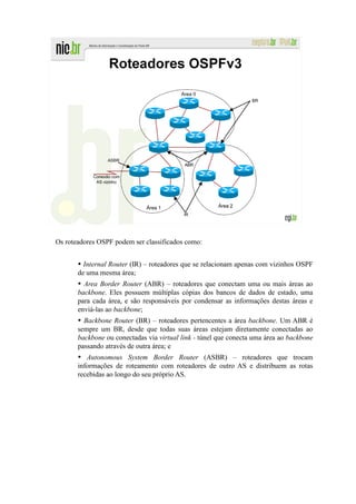 Os roteadores OSPF podem ser classificados como:


       • Internal Router (IR) – roteadores que se relacionam apenas com vizinhos OSPF
       de uma mesma área;
       • Area Border Router (ABR) – roteadores que conectam uma ou mais áreas ao
       backbone. Eles possuem múltiplas cópias dos bancos de dados de estado, uma
       para cada área, e são responsáveis por condensar as informações destas áreas e
       enviá-las ao backbone;
       • Backbone Router (BR) – roteadores pertencentes a área backbone. Um ABR é
       sempre um BR, desde que todas suas áreas estejam diretamente conectadas ao
       backbone ou conectadas via virtual link - túnel que conecta uma área ao backbone
       passando através de outra área; e
       • Autonomous System Border Router (ASBR) – roteadores que trocam
       informações de roteamento com roteadores de outro AS e distribuem as rotas
       recebidas ao longo do seu próprio AS.
 