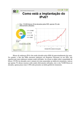 Como está a implantação do
                                       IPv6?
                 ●
                     Dos ~73.000 blocos /32 já alocados pelos RIR, apenas 3% são
                     efetivamente utilizados.




                     Alocações feitas pelos RIRs



                                                                                                    30
                                                          Entradas IPv6 na tabela de rotas global
       Dados de 15/01/2010




        Blocos de endereços IPv6 vêm sendo alocados pelos RIRs há aproximadamente dez anos.
No entanto, o fato dos RIRs alocarem endereços aos Registros Nacionais ou aos ISPs, não
significa que estes endereços estejam sendo utilizados. Ao cruzar os dados sobre a quantidade de
blocos /32 IPv6 já alocados com o número de rotas anunciadas na tabela de roteamento, nota-se
que apenas 3% desses recursos estão sendo efetivamente utilizados, isto é, dos 76.000 blocos já
alocados, apenas pouco mais 2.500 estão presentes na tabela global de roteamento.
 