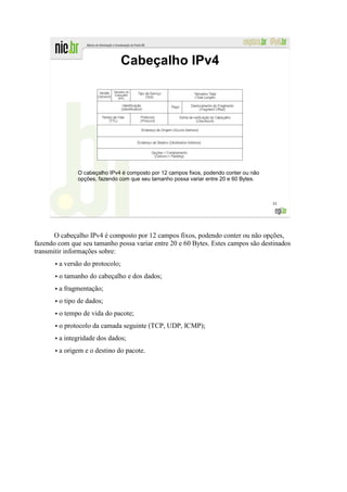 Cabeçalho IPv4




               O cabeçalho IPv4 é composto por 12 campos fixos, podendo conter ou não
               opções, fazendo com que seu tamanho possa variar entre 20 e 60 Bytes.



                                                                                        35




       O cabeçalho IPv4 é composto por 12 campos fixos, podendo conter ou não opções,
fazendo com que seu tamanho possa variar entre 20 e 60 Bytes. Estes campos são destinados
transmitir informações sobre:
       • a versão do protocolo;
       • o tamanho do cabeçalho e dos dados;
       • a fragmentação;
       • o tipo de dados;
       • o tempo de vida do pacote;
       • o protocolo da camada seguinte (TCP, UDP, ICMP);
       • a integridade dos dados;
       • a origem e o destino do pacote.
 