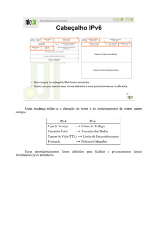 Cabeçalho IPv6
                            1                    2                 1

                                                                        2         3            4

                 4          3




          ●
              Seis campos do cabeçalho IPv4 foram removidos.
          ●
              Quatro campos tiveram seus nomes alterados e seus posicionamentos modificados.

                                                                                          38




      Outra mudança refere-se a alteração do nome e do posicionamento de outros quatro
campos.

                                   IPv4                     IPv6
                         Tipo de Serviço    → Classe de Tráfego
                         Tamanho Total      → Tamanho dos Dados
                         Tempo de Vida (TTL) → Limite de Encaminhamento
                         Protocolo          → Próximo Cabeçalho

      Esses reposicionamentos foram definidos para facilitar o processamento dessas
informações pelos roteadores.
 