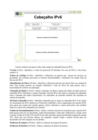 Cabeçalho IPv6




                                                                                   41




      Vamos conhecer um pouco sobre cada campo do cabeçalho base do IPv6:
 Versão (4 bits) - Identifica a versão do protocolo IP utilizado. No caso do IPv6 o valor desse
campo é 6.
 Classe de Tráfego (8 bits) - Identifica e diferencia os pacotes por classes de serviços ou
prioridade. Ele continua provendo as mesmas funcionalidades e definições do campo Tipo de
Serviço do IPv4.
 Identificador de Fluxo (20 bits) - Identifica e diferencia pacotes do mesmo fluxo na camada de
rede. Esse campo permite ao roteador identificar o tipo de fluxo de cada pacote, sem a
necessidade de verificar sua aplicação.
 Tamanho do Dados (16 bits) - Indica o tamanho, em Bytes, apenas dos dados enviados junto ao
cabeçalho IPv6. Substituiu o campo Tamanho Total do IPv4, que indica o tamanho do cabeçalho
mais o tamanho dos dados transmitidos. Os cabeçalhos de extensão também são incluídos no
calculo do tamanho.
 Próximo Cabeçalho (8 bits) - Identifica cabeçalho que se segue ao cabeçalho IPv6. Este campo
foi renomeado (no IPv4 chamava-se Protocolo) refletindo a nova organização dos pacotes IPv6,
pois agora este campo não contém apenas valores referentes a outros protocolos, mas também
indica os valores dos cabeçalhos de extensão.
 Limite de Encaminhamento (8 bits) - Indica o número máximo de roteadores que o pacote IPv6
pode passar antes de ser descartado, sendo decrementado a cada salto. Padronizou o modo como
o campo Tempo de Vida (TTL) do IPv4 tem sido utilizado, apesar da definição original do campo
TTL, dizer que este deveria indicar, em segundos, quanto tempo o pacote levaria para ser
descartado caso não chegasse ao seu destino.
Endereço de origem (128 bits) - Indica o endereço de origem do pacote.
Endereço de Destino (128 bits) - Indica o endereço de destino do pacote.
 