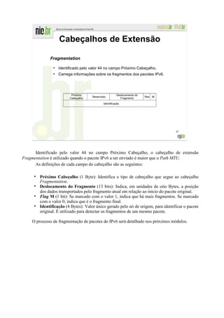 Cabeçalhos de Extensão

             Fragmentation
               ●
                   Identificado pelo valor 44 no campo Próximo Cabeçalho.
               ●
                   Carrega informações sobre os fragmentos dos pacotes IPv6.




                          Próximo                     Deslocamento do
                                     Reservado          Fragmento       Res M
                         Cabeçalho
                                            Identificação




                                                                                   47




      Identificado pelo valor 44 no campo Próximo Cabeçalho, o cabeçalho de extensão
Fragmentation é utilizado quando o pacote IPv6 a ser enviado é maior que o Path MTU.
      As definições de cada campo do cabeçalho são as seguintes:

        Próximo Cabeçalho (1 Byte): Identifica o tipo de cabeçalho que segue ao cabeçalho
        Fragmentation.
        Deslocamento do Fragmento (13 bits): Indica, em unidades de oito Bytes, a posição
        dos dados transportados pelo fragmento atual em relação ao início do pacote original.
        Flag M (1 bit): Se marcado com o valor 1, indica que há mais fragmentos. Se marcado
        com o valor 0, indica que é o fragmento final.
        Identificação (4 Bytes): Valor único gerado pelo nó de origem, para identificar o pacote
        original. É utilizado para detectar os fragmentos de um mesmo pacote.

    O processo de fragmentação de pacotes do IPv6 será detalhado nos próximos módulos.
 