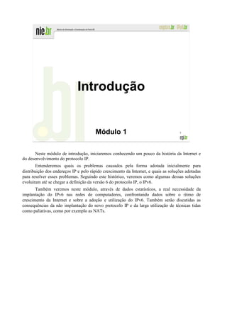 Introdução


                                       Módulo 1                                      7




       Neste módulo de introdução, iniciaremos conhecendo um pouco da história da Internet e
do desenvolvimento do protocolo IP.
        Entenderemos quais os problemas causados pela forma adotada inicialmente para
distribuição dos endereços IP e pelo rápido crescimento da Internet, e quais as soluções adotadas
para resolver esses problemas. Seguindo este histórico, veremos como algumas dessas soluções
evoluíram até se chegar a definição da versão 6 do protocolo IP, o IPv6.
       Também veremos neste módulo, através de dados estatísticos, a real necessidade da
implantação do IPv6 nas redes de computadores, confrontando dados sobre o ritmo de
crescimento da Internet e sobre a adoção e utilização do IPv6. Também serão discutidas as
consequências da não implantação do novo protocolo IP e da larga utilização de técnicas tidas
como paliativas, como por exemplo as NATs.
 