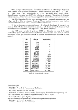 Outro fator que colaborava com o desperdício de endereços, era o fato de que dezenas de
faixas classe A foram atribuídas integralmente a grandes instituições como IBM, AT&T, Xerox,
HP, Apple, MIT, Ford, Departamento de Defesa Americano, entre muitas outras,
disponibilizando para cada uma 16.777.216 milhões de endereços. Além disso, 35 faixas de
endereços classe A foram reservadas para usos específicos como multicast, loopback e uso futuro.
      Em 1990, já existiam 313.000 hosts conectados a rede e estudos já apontavam para um
colapso devido a falta de endereços. Outros problemas também tornavam-se mais efetivos
conforme a Internet evoluía, como o aumento da tabela de roteamento.
      Devido ao ritmo de crescimento da Internet e da política de distribuição de endereços, em
maio de 1992, 38% das faixas de endereços classe A, 43% da classe B e 2% da classe C, já
estavam alocados. Nesta época, a rede já possuía 1.136.000 hosts conectados.
      Em 1993, com a criação do protocolo HTTP e a liberação por parte do Governo
estadunidense para a utilização comercial da Internet, houve um salto ainda maior na taxa de
crescimento da rede, que passou de 2.056.000 de hosts em 1993 para mais de 26.000.000 de hosts
em 1997.
                           Data           Hosts            Domínios

                           1981              213                   -
                           1982              235                   -
                           1983              562                   -
                           1984            1.024                   -
                           1985            1.961                   -
                           1986            5.089                   -
                           1987           28.174                   -
                           1988           56.000               1.280
                           1989          159.000               4.800
                           1990          313.000               9.300
                           1991          617.000              18.000
                           1992        1.136.000              17.000
                           1993        2.056.000              26.000
                           1994        3.212.000              46.000
                           1995        8.200.000             120.000
                           1996       16.729.000             488.000
                           1997       26.053.000           1.301.000
                                  Tabela de crescimento da Internet.




Mais informações:
  RFC 1287 - Towards the Future Internet Architecture.
  RFC 1296 - Internet Growth (1981-1991)
 Solensky F., ‘Continued Internet Growth’, Proceedings of the 18th Internet Engineering Task
Force, Agosto 1990, http://www.ietf.org/proceedings/prior29/IETF18.pdf
  IANA IPv4 Address Space Registry -
http://www.iana.org/assignments/ipv4-address-space/ipv4-address-space.xml
  RFC 3330 - Special-Use IPv4 Addresses.
 