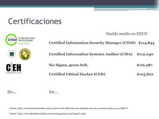 Certificaciones
Fuente: http://www.globalknowledge.com/training/generic.asp?pageid=3632
Certified Information Security Man...