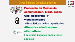 Presencia en Medios de
comunicación, blogs, redes
Uso: descargas y
visualizaciones
> Estadísticas de los repositorios
Altm...