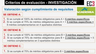 Valoración según cumplimiento de requisitos
1. Si se cumple el 100% de méritos obligatorios para A + 5 méritos específicos...