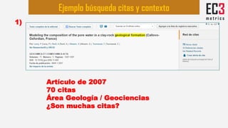 Ejemplo búsqueda citas y contexto
1)
Artículo de 2007
70 citas
Área Geología / Geociencias
¿Son muchas citas?
 