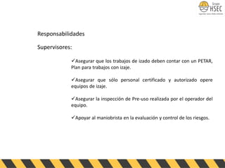 Responsabilidades
Supervisores:
✓Asegurar que los trabajos de izado deben contar con un PETAR,
Plan para trabajos con izaje.
✓Asegurar que sólo personal certificado y autorizado opere
equipos de izaje.
✓Asegurar la inspección de Pre-uso realizada por el operador del
equipo.
✓Apoyar al maniobrista en la evaluación y control de los riesgos.
 