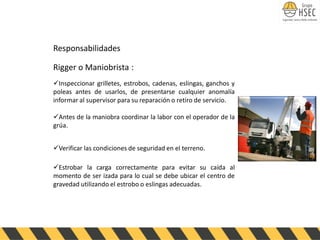 Responsabilidades
Rigger o Maniobrista :
✓Inspeccionar grilletes, estrobos, cadenas, eslingas, ganchos y
poleas antes de usarlos, de presentarse cualquier anomalía
informar al supervisor para su reparación o retiro de servicio.
✓Antes de la maniobra coordinar la labor con el operador de la
grúa.
✓Verificar las condiciones de seguridad en el terreno.
✓Estrobar la carga correctamente para evitar su caída al
momento de ser izada para lo cual se debe ubicar el centro de
gravedad utilizando el estrobo o eslingas adecuadas.
 