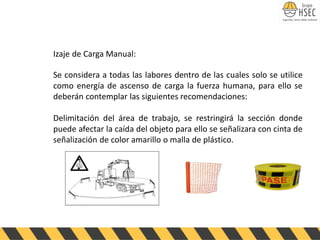 Izaje de Carga Manual:
Se considera a todas las labores dentro de las cuales solo se utilice
como energía de ascenso de carga la fuerza humana, para ello se
deberán contemplar las siguientes recomendaciones:
Delimitación del área de trabajo, se restringirá la sección donde
puede afectar la caída del objeto para ello se señalizara con cinta de
señalización de color amarillo o malla de plástico.
 