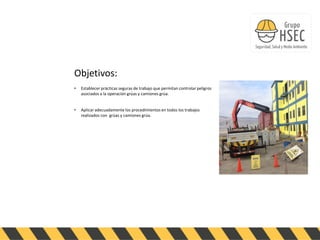 ABENGOA
PERU
Objetivos:
• Establecer prácticas seguras de trabajo que permitan controlar peligros
asociados a la operación grúas y camiones grúa.
• Aplicar adecuadamente los procedimientos en todos los trabajos
realizados con grúas y camiones grúa.
 