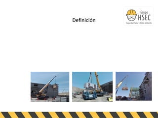 ABENGOA
PERU
Definición
Izaje: Es un sistema utilizado para levantar, bajar, empujar o tirar una carga por
medio de equipos tales como elevadores eléctricos, de aire o hidráulicos, grúas
móviles, puentes-grúa, winches y tecles.
Grúa: Es una máquina diseñada para izar carga basada en el principio
fundamental de la palanca mediante un contrapeso, un punto de apoyo y la carga
que se desea izar.
Viento o Cuerda guía: Cuerda usada para controlar la posición de la carga a fin
de evitar que los empleados entren en contacto o se acerquen a ésta.
 