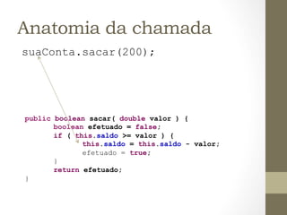 Anatomia da chamada
       suaConta.sacar(200);
	
  




       public boolean sacar( double valor ) {
              boolean efetuado = false;
              if ( this.saldo >= valor ) {
                     this.saldo = this.saldo - valor;
                     efetuado = true;
              }
              return efetuado;
       }
 