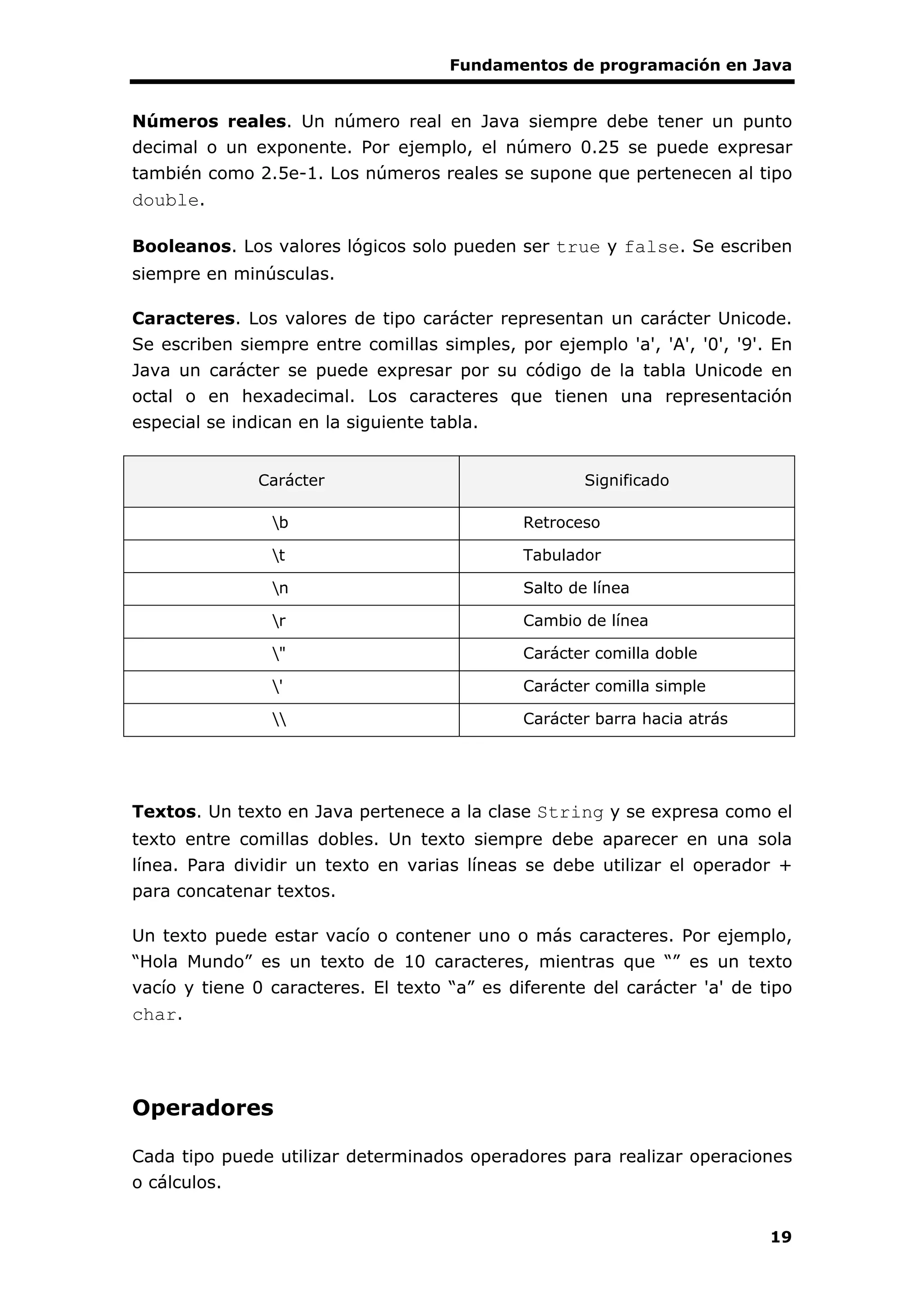 Fundamentos de programación en Java
19
Números reales. Un número real en Java siempre debe tener un punto
decimal o un exponente. Por ejemplo, el número 0.25 se puede expresar
también como 2.5e-1. Los números reales se supone que pertenecen al tipo
double.
Booleanos. Los valores lógicos solo pueden ser true y false. Se escriben
siempre en minúsculas.
Caracteres. Los valores de tipo carácter representan un carácter Unicode.
Se escriben siempre entre comillas simples, por ejemplo 'a', 'A', '0', '9'. En
Java un carácter se puede expresar por su código de la tabla Unicode en
octal o en hexadecimal. Los caracteres que tienen una representación
especial se indican en la siguiente tabla.
Carácter Significado
b Retroceso
t Tabulador
n Salto de línea
r Cambio de línea
" Carácter comilla doble
' Carácter comilla simple
 Carácter barra hacia atrás
Textos. Un texto en Java pertenece a la clase String y se expresa como el
texto entre comillas dobles. Un texto siempre debe aparecer en una sola
línea. Para dividir un texto en varias líneas se debe utilizar el operador +
para concatenar textos.
Un texto puede estar vacío o contener uno o más caracteres. Por ejemplo,
“Hola Mundo” es un texto de 10 caracteres, mientras que “” es un texto
vacío y tiene 0 caracteres. El texto “a” es diferente del carácter 'a' de tipo
char.
Operadores
Cada tipo puede utilizar determinados operadores para realizar operaciones
o cálculos.
 