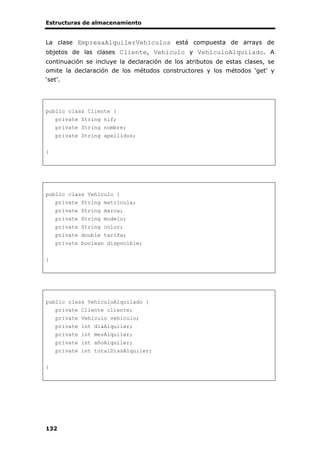 Estructuras de almacenamiento
132
La clase EmpresaAlquilerVehiculos está compuesta de arrays de
objetos de las clases Cliente, Vehiculo y VehiculoAlquilado. A
continuación se incluye la declaración de los atributos de estas clases, se
omite la declaración de los métodos constructores y los métodos ‘get’ y
‘set’.
public class Cliente {
private String nif;
private String nombre;
private String apellidos;
}
public class Vehiculo {
private String matricula;
private String marca;
private String modelo;
private String color;
private double tarifa;
private boolean disponible;
}
public class VehiculoAlquilado {
private Cliente cliente;
private Vehiculo vehiculo;
private int diaAlquiler;
private int mesAlquiler;
private int añoAlquiler;
private int totalDiasAlquiler;
}
 