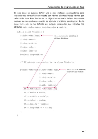 Fundamentos de programación en Java
55
En una clase se pueden definir uno o más métodos constructores para
inicializar los atributos de un objeto con valores distintos de los valores por
defecto de Java. Para instanciar un objeto es necesario indicar los valores
iniciales de sus atributos cuando se ejecuta el método constructor. En la
clase Vehiculo se ha definido un método constructor que inicializa los
atributos matricula, marca, modelo, color y tarifa.
public class Vehiculo {
String matricula;
String marca;
String modelo;
String color;
double tarifa;
boolean disponible;
// El método constructor de la clase Vehiculo
public Vehiculo(String matricula,
String marca,
String modelo,
String color,
double tarifa) {
this.matricula = matricula;
this.marca = marca;
this.modelo = modelo;
this.color = color;
this.tarifa = tarifa;
this.disponible = false;
}
}
this.matricula se refiere al
atributo del objeto
matricula se refiere al
parámetro del método
 