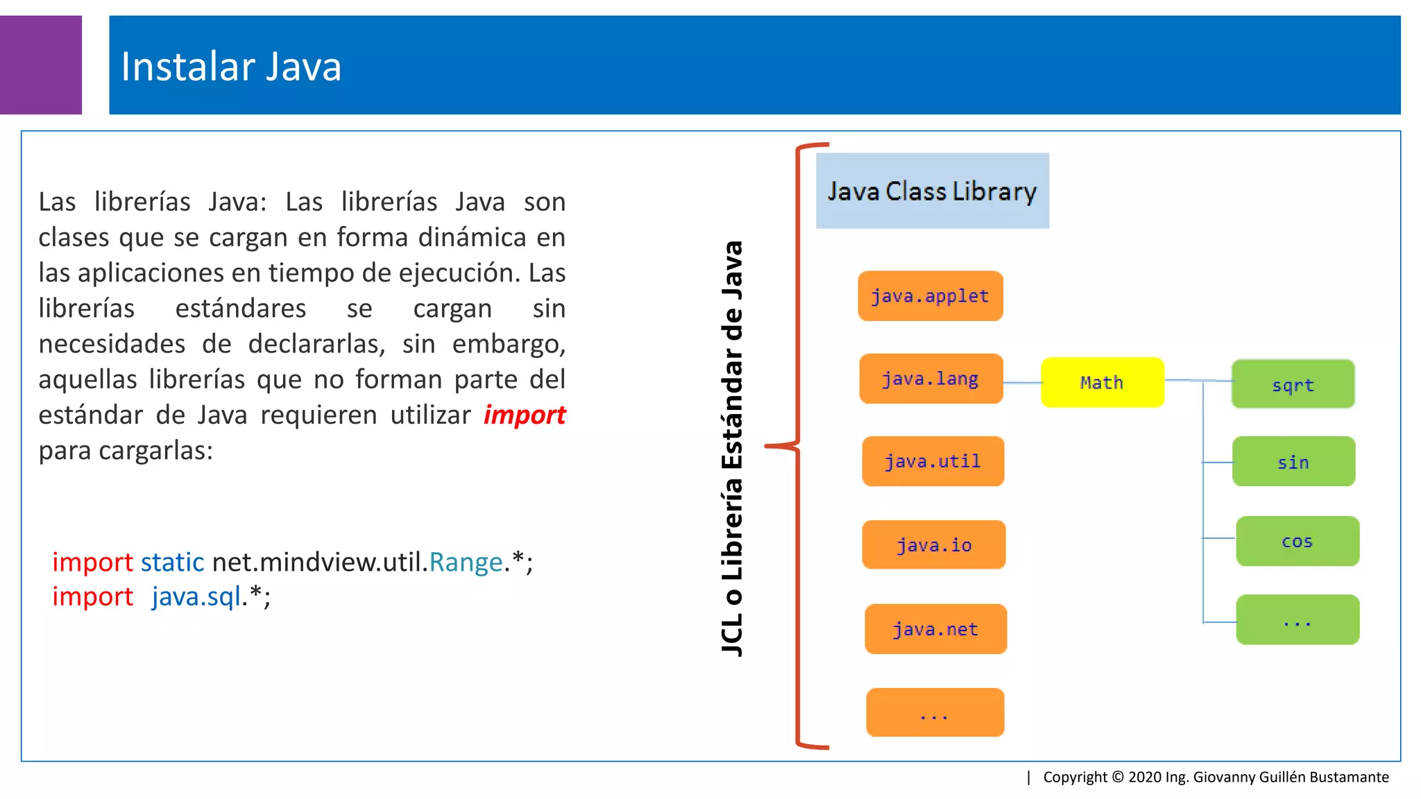 Instalar Java
| Copyright © 2020 Ing. Giovanny Guillén Bustamante
import static net.mindview.util.Range.*;
import java.sql.*;
Las librerías Java: Las librerías Java son
clases que se cargan en forma dinámica en
las aplicaciones en tiempo de ejecución. Las
librerías estándares se cargan sin
necesidades de declararlas, sin embargo,
aquellas librerías que no forman parte del
estándar de Java requieren utilizar import
para cargarlas:
JCL
o
Librería
Estándar
de
Java
 