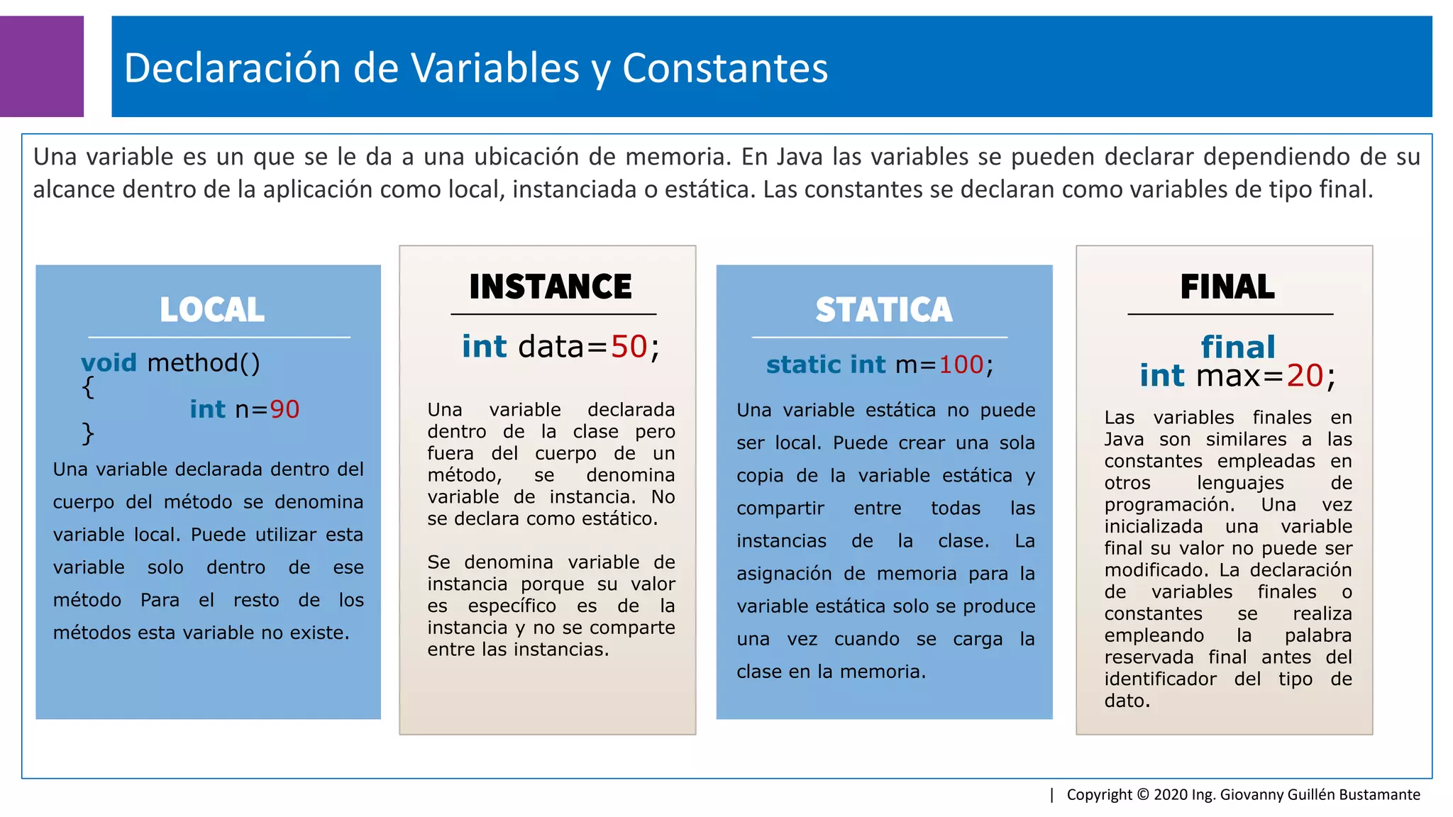 Una variable es un que se le da a una ubicación de memoria. En Java las variables se pueden declarar dependiendo de su
alcance dentro de la aplicación como local, instanciada o estática. Las constantes se declaran como variables de tipo final.
Declaración de Variables y Constantes
| Copyright © 2020 Ing. Giovanny Guillén Bustamante
int data=50;
LOCAL
Una variable declarada dentro del
cuerpo del método se denomina
variable local. Puede utilizar esta
variable solo dentro de ese
método Para el resto de los
métodos esta variable no existe.
void method()
{
int n=90
}
INSTANCE
Una variable declarada
dentro de la clase pero
fuera del cuerpo de un
método, se denomina
variable de instancia. No
se declara como estático.
Se denomina variable de
instancia porque su valor
es específico es de la
instancia y no se comparte
entre las instancias.
static int m=100;
STATICA
Una variable estática no puede
ser local. Puede crear una sola
copia de la variable estática y
compartir entre todas las
instancias de la clase. La
asignación de memoria para la
variable estática solo se produce
una vez cuando se carga la
clase en la memoria.
final
int max=20;
FINAL
Las variables finales en
Java son similares a las
constantes empleadas en
otros lenguajes de
programación. Una vez
inicializada una variable
final su valor no puede ser
modificado. La declaración
de variables finales o
constantes se realiza
empleando la palabra
reservada final antes del
identificador del tipo de
dato.
 