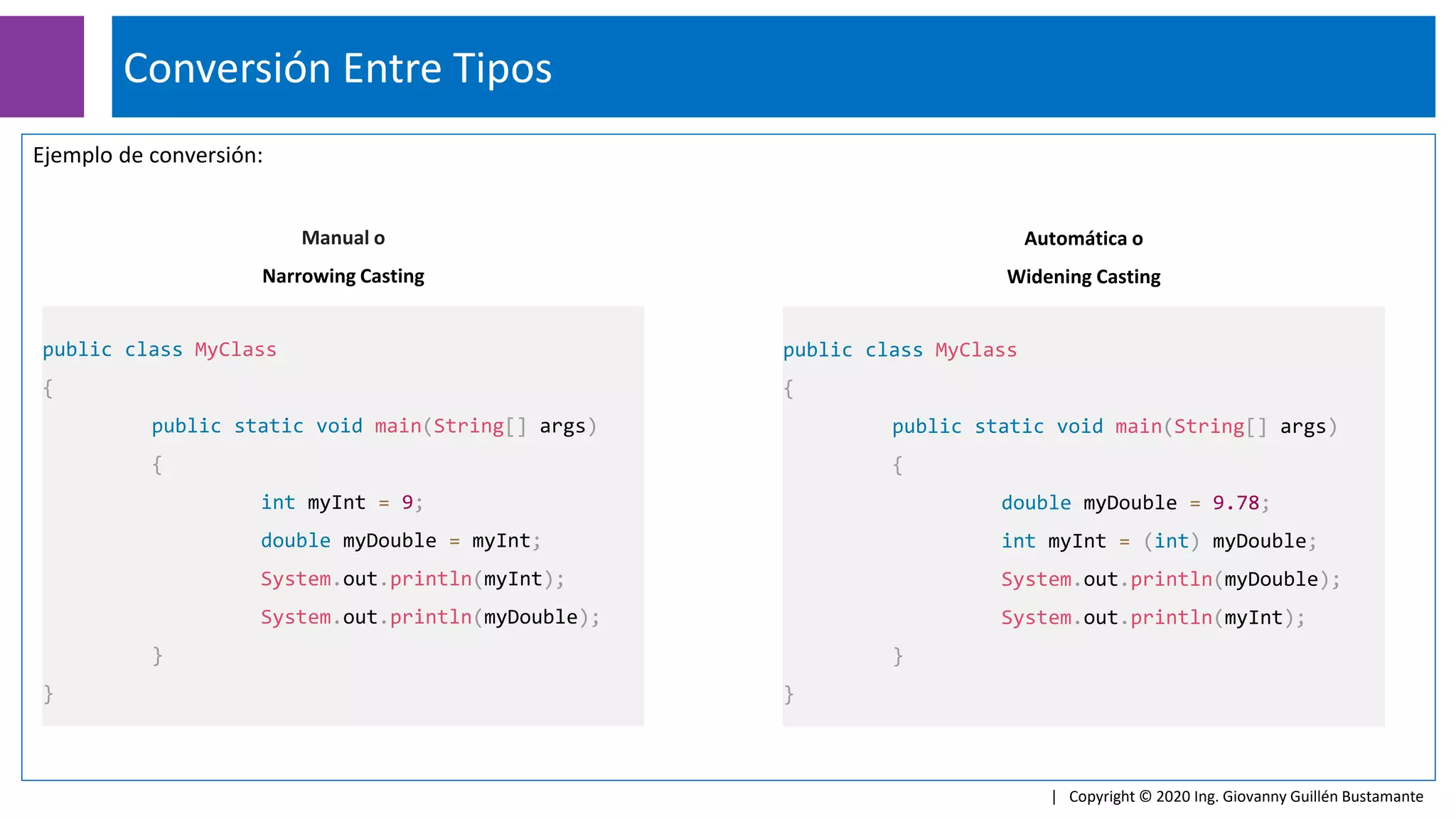 Ejemplo de conversión:
Conversión Entre Tipos
| Copyright © 2020 Ing. Giovanny Guillén Bustamante
Automática o
Widening Casting
Manual o
Narrowing Casting
public class MyClass
{
public static void main(String[] args)
{
int myInt = 9;
double myDouble = myInt;
System.out.println(myInt);
System.out.println(myDouble);
}
}
public class MyClass
{
public static void main(String[] args)
{
double myDouble = 9.78;
int myInt = (int) myDouble;
System.out.println(myDouble);
System.out.println(myInt);
}
}
 