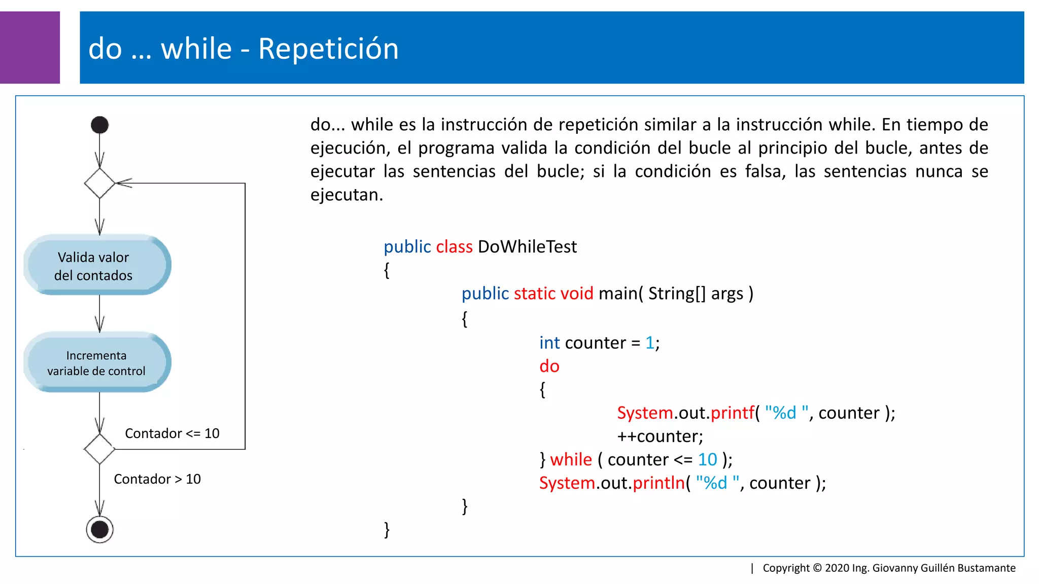 do … while - Repetición
| Copyright © 2020 Ing. Giovanny Guillén Bustamante
Contador <= 10
Contador > 10
Valida valor
del contados
Incrementa
variable de control
public class DoWhileTest
{
public static void main( String[] args )
{
int counter = 1;
do
{
System.out.printf( "%d ", counter );
++counter;
} while ( counter <= 10 );
System.out.println( "%d ", counter );
}
}
do... while es la instrucción de repetición similar a la instrucción while. En tiempo de
ejecución, el programa valida la condición del bucle al principio del bucle, antes de
ejecutar las sentencias del bucle; si la condición es falsa, las sentencias nunca se
ejecutan.
 