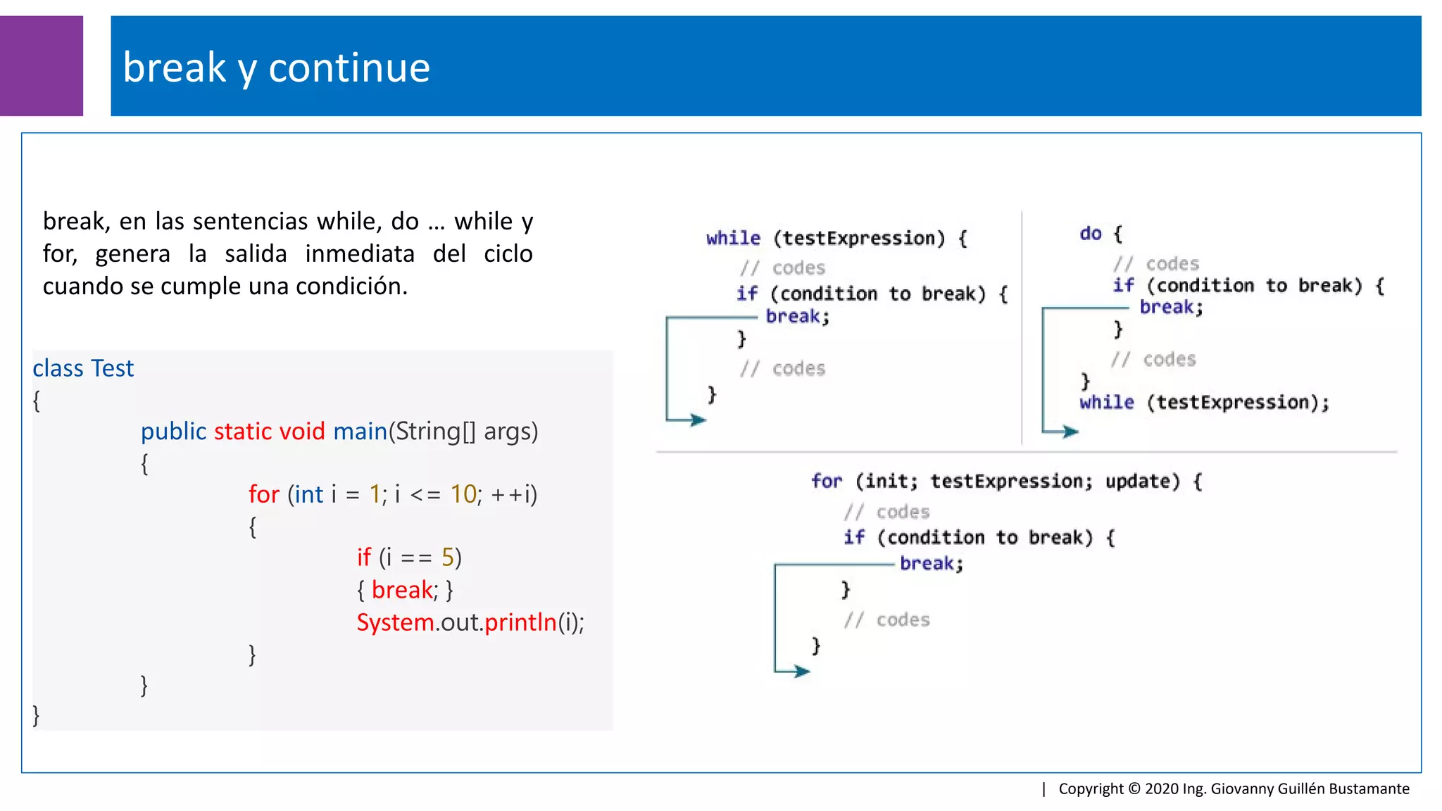break y continue
| Copyright © 2020 Ing. Giovanny Guillén Bustamante
break, en las sentencias while, do … while y
for, genera la salida inmediata del ciclo
cuando se cumple una condición.
class Test
{
public static void main(String[] args)
{
for (int i = 1; i <= 10; ++i)
{
if (i == 5)
{ break; }
System.out.println(i);
}
}
}
 