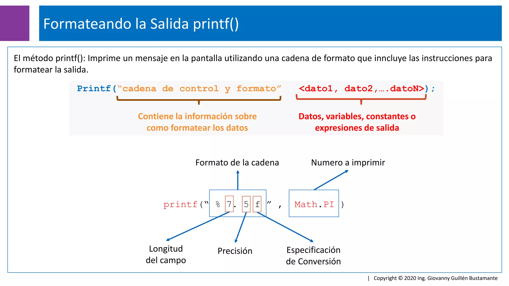 Formateando la Salida printf()
| Copyright © 2020 Ing. Giovanny Guillén Bustamante
El método printf(): Imprime un mensaje en la pantalla utilizando una cadena de formato que inncluye las instrucciones para
formatear la salida.
Printf(“cadena de control y formato” , <dato1, dato2,….datoN>);
Contiene la información sobre
como formatear los datos
Datos, variables, constantes o
expresiones de salida
printf(“ % 7. 5 f ” , Math.PI )
Numero a imprimir
Formato de la cadena
Longitud
del campo
Precisión Especificación
de Conversión
 