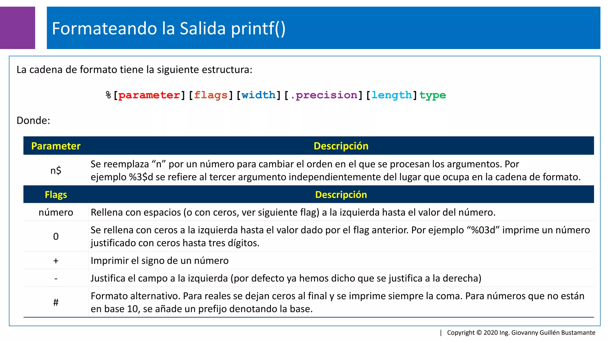 Formateando la Salida printf()
| Copyright © 2020 Ing. Giovanny Guillén Bustamante
La cadena de formato tiene la siguiente estructura:
%[parameter][flags][width][.precision][length]type
Donde:
Parameter Descripción
n$
Se reemplaza “n” por un número para cambiar el orden en el que se procesan los argumentos. Por
ejemplo %3$d se refiere al tercer argumento independientemente del lugar que ocupa en la cadena de formato.
Flags Descripción
número Rellena con espacios (o con ceros, ver siguiente flag) a la izquierda hasta el valor del número.
0
Se rellena con ceros a la izquierda hasta el valor dado por el flag anterior. Por ejemplo “%03d” imprime un número
justificado con ceros hasta tres dígitos.
+ Imprimir el signo de un número
- Justifica el campo a la izquierda (por defecto ya hemos dicho que se justifica a la derecha)
#
Formato alternativo. Para reales se dejan ceros al final y se imprime siempre la coma. Para números que no están
en base 10, se añade un prefijo denotando la base.
 