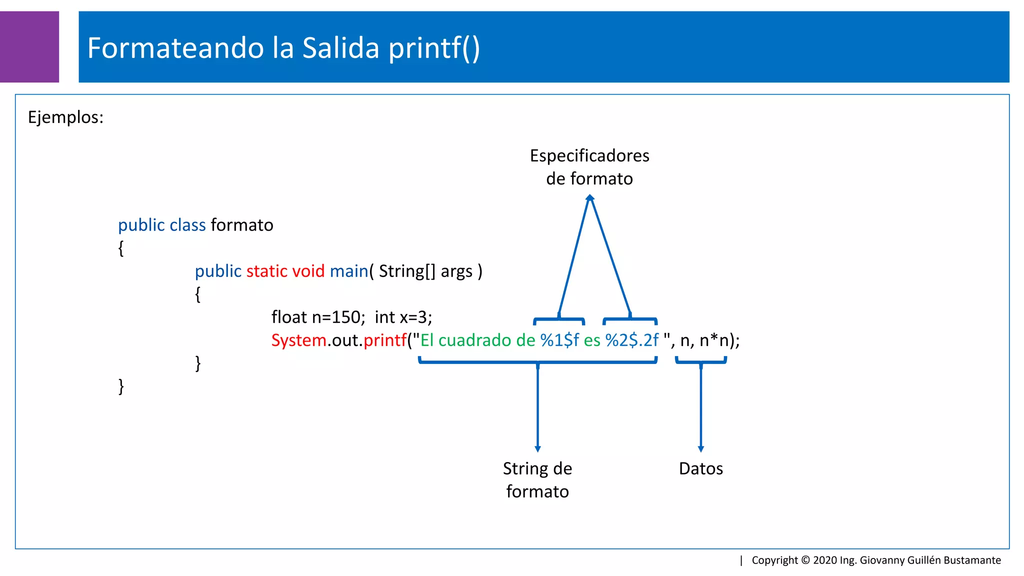 Formateando la Salida printf()
| Copyright © 2020 Ing. Giovanny Guillén Bustamante
Ejemplos:
public class formato
{
public static void main( String[] args )
{
float n=150; int x=3;
System.out.printf("El cuadrado de %1$f es %2$.2f ", n, n*n);
}
}
String de
formato
Especificadores
de formato
Datos
 
