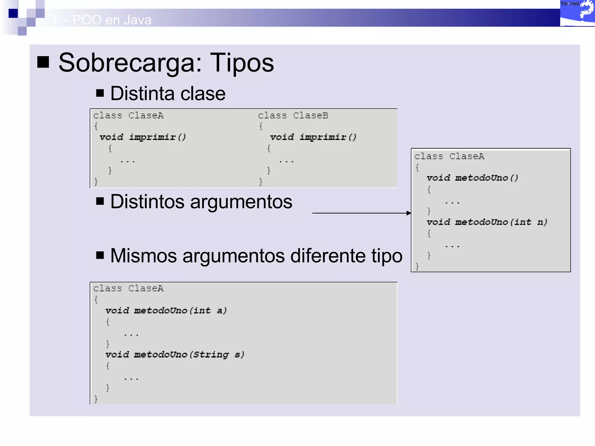 4 – POO en Java Sobrecarga: Tipos Distinta clase Distintos argumentos Mismos argumentos diferente tipo 