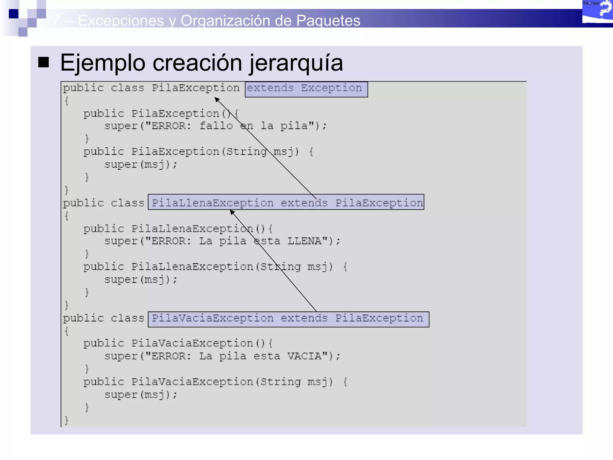 7 – Excepciones y Organización de Paquetes Ejemplo creación jerarquía 