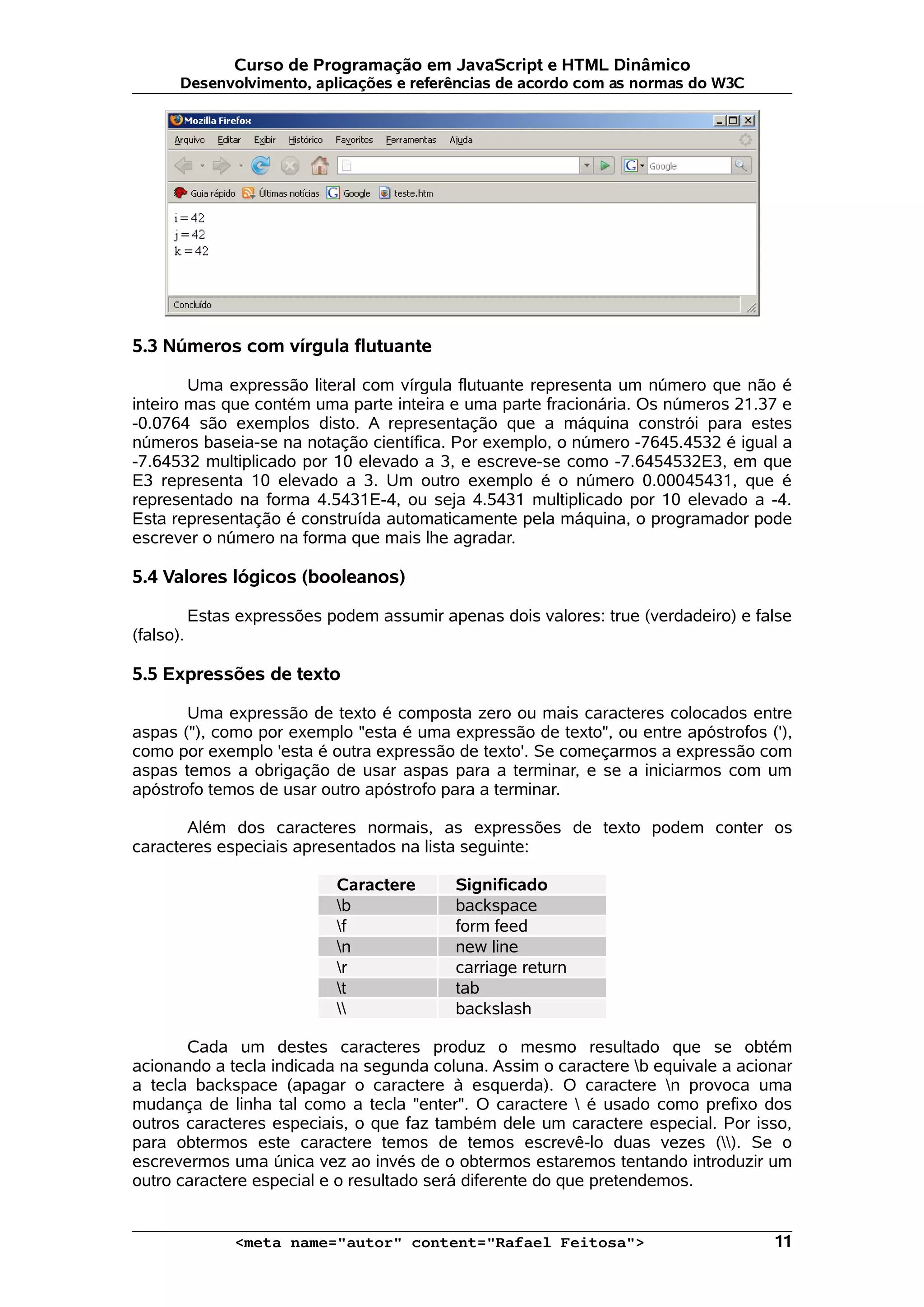 Curso de Programação em JavaScript e HTML Dinâmico Desenvolvimento, aplicações e referências de acordo com as normas do W3C 5.3 Números com vírgula flutuante Uma expressão literal com vírgula flutuante representa um número que não é inteiro mas que contém uma parte inteira e uma parte fracionária. Os números 21.37 e -0.0764 são exemplos disto. A representação que a máquina constrói para estes números baseia-se na notação científica. Por exemplo, o número -7645.4532 é igual a -7.64532 multiplicado por 10 elevado a 3, e escreve-se como -7.6454532E3, em que E3 representa 10 elevado a 3. Um outro exemplo é o número 0.00045431, que é representado na forma 4.5431E-4, ou seja 4.5431 multiplicado por 10 elevado a -4. Esta representação é construída automaticamente pela máquina, o programador pode escrever o número na forma que mais lhe agradar. 5.4 Valores lógicos (booleanos) Estas expressões podem assumir apenas dois valores: true (verdadeiro) e false (falso). 5.5 Expressões de texto Uma expressão de texto é composta zero ou mais caracteres colocados entre aspas ("), como por exemplo "esta é uma expressão de texto", ou entre apóstrofos ('), como por exemplo 'esta é outra expressão de texto'. Se começarmos a expressão com aspas temos a obrigação de usar aspas para a terminar, e se a iniciarmos com um apóstrofo temos de usar outro apóstrofo para a terminar. Além dos caracteres normais, as expressões de texto podem conter os caracteres especiais apresentados na lista seguinte: Caractere Significado b backspace f form feed n new line r carriage return t tab backslash Cada um destes caracteres produz o mesmo resultado que se obtém acionando a tecla indicada na segunda coluna. Assim o caractere b equivale a acionar a tecla backspace (apagar o caractere à esquerda). O caractere n provoca uma mudança de linha tal como a tecla "enter". O caractere é usado como prefixo dos outros caracteres especiais, o que faz também dele um caractere especial. Por isso, para obtermos este caractere temos de temos escrevê-lo duas vezes (). Se o escrevermos uma única vez ao invés de o obtermos estaremos tentando introduzir um outro caractere especial e o resultado será diferente do que pretendemos. <meta name="autor" content="Rafael Feitosa"> 11 