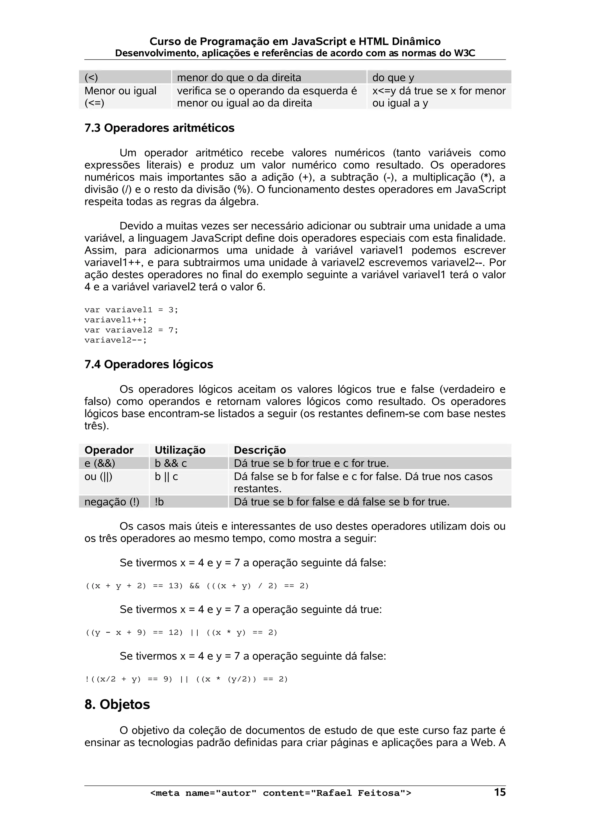 Curso de Programação em JavaScript e HTML Dinâmico Desenvolvimento, aplicações e referências de acordo com as normas do W3C (<) menor do que o da direita do que y Menor ou igual (<=) verifica se o operando da esquerda é menor ou igual ao da direita x<=y dá true se x for menor ou igual a y 7.3 Operadores aritméticos Um operador aritmético recebe valores numéricos (tanto variáveis como expressões literais) e produz um valor numérico como resultado. Os operadores numéricos mais importantes são a adição (+), a subtração (-), a multiplicação (*), a divisão (/) e o resto da divisão (%). O funcionamento destes operadores em JavaScript respeita todas as regras da álgebra. Devido a muitas vezes ser necessário adicionar ou subtrair uma unidade a uma variável, a linguagem JavaScript define dois operadores especiais com esta finalidade. Assim, para adicionarmos uma unidade à variável variavel1 podemos escrever variavel1++, e para subtrairmos uma unidade à variavel2 escrevemos variavel2--. Por ação destes operadores no final do exemplo seguinte a variável variavel1 terá o valor 4 e a variável variavel2 terá o valor 6. var variavel1 = 3; variavel1++; var variavel2 = 7; variavel2--; 7.4 Operadores lógicos Os operadores lógicos aceitam os valores lógicos true e false (verdadeiro e falso) como operandos e retornam valores lógicos como resultado. Os operadores lógicos base encontram-se listados a seguir (os restantes definem-se com base nestes três). Operador Utilização Descrição e (&&) b && c Dá true se b for true e c for true. ou (||) b || c Dá false se b for false e c for false. Dá true nos casos restantes. negação (!) !b Dá true se b for false e dá false se b for true. Os casos mais úteis e interessantes de uso destes operadores utilizam dois ou os três operadores ao mesmo tempo, como mostra a seguir: Se tivermos x = 4 e y = 7 a operação seguinte dá false: ((x + y + 2) == 13) && (((x + y) / 2) == 2) Se tivermos x = 4 e y = 7 a operação seguinte dá true: ((y - x + 9) == 12) || ((x * y) == 2) Se tivermos x = 4 e y = 7 a operação seguinte dá false: !((x/2 + y) == 9) || ((x * (y/2)) == 2) 8. Objetos O objetivo da coleção de documentos de estudo de que este curso faz parte é ensinar as tecnologias padrão definidas para criar páginas e aplicações para a Web. A <meta name="autor" content="Rafael Feitosa"> 15 