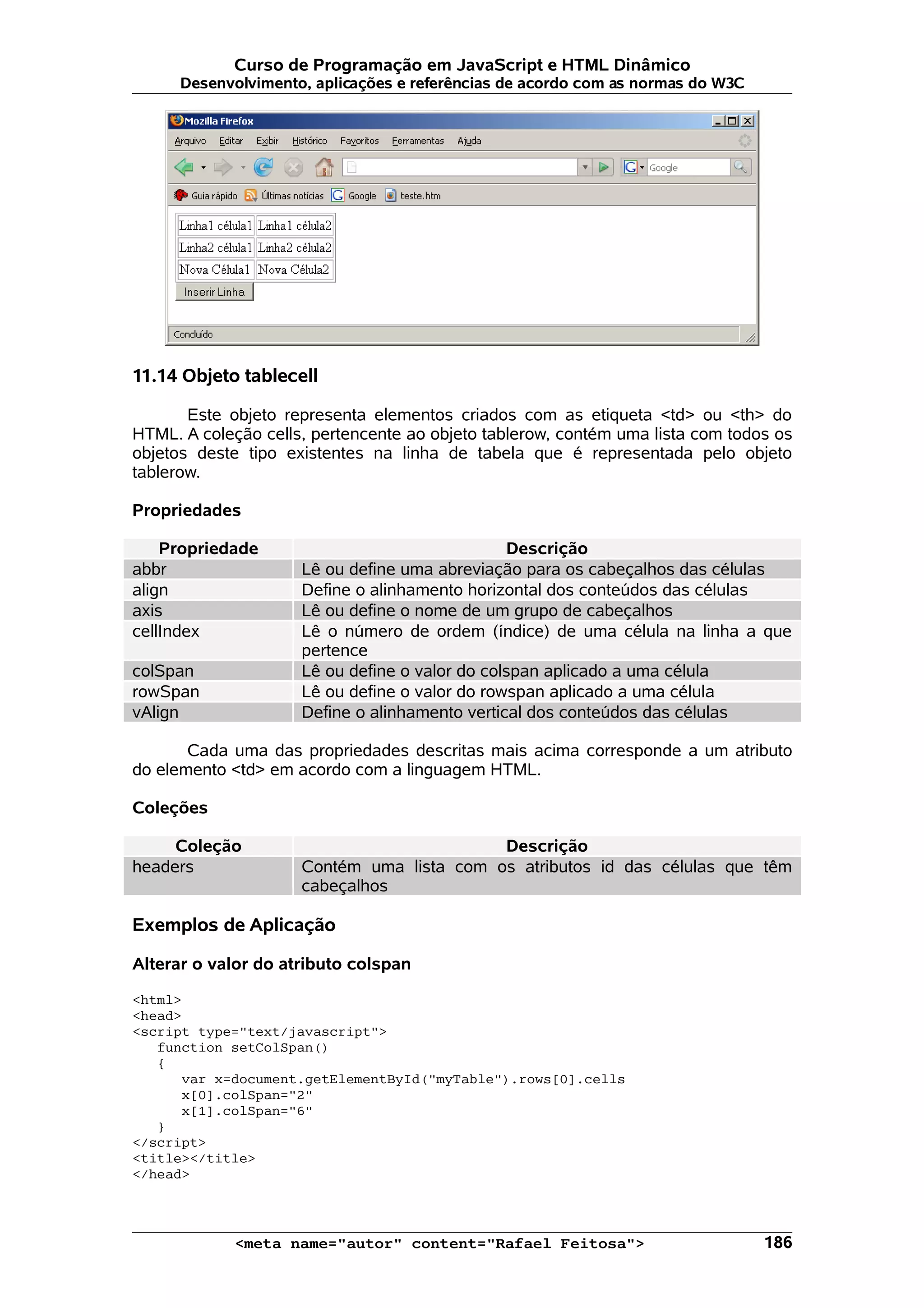 Curso de Programação em JavaScript e HTML Dinâmico Desenvolvimento, aplicações e referências de acordo com as normas do W3C 11.14 Objeto tablecell Este objeto representa elementos criados com as etiqueta <td> ou <th> do HTML. A coleção cells, pertencente ao objeto tablerow, contém uma lista com todos os objetos deste tipo existentes na linha de tabela que é representada pelo objeto tablerow. Propriedades Propriedade Descrição abbr Lê ou define uma abreviação para os cabeçalhos das células align Define o alinhamento horizontal dos conteúdos das células axis Lê ou define o nome de um grupo de cabeçalhos cellIndex Lê o número de ordem (índice) de uma célula na linha a que pertence colSpan Lê ou define o valor do colspan aplicado a uma célula rowSpan Lê ou define o valor do rowspan aplicado a uma célula vAlign Define o alinhamento vertical dos conteúdos das células Cada uma das propriedades descritas mais acima corresponde a um atributo do elemento <td> em acordo com a linguagem HTML. Coleções Coleção Descrição headers Contém uma lista com os atributos id das células que têm cabeçalhos Exemplos de Aplicação Alterar o valor do atributo colspan <html> <head> <script type="text/javascript"> function setColSpan() { var x=document.getElementById("myTable").rows[0].cells x[0].colSpan="2" x[1].colSpan="6" } </script> <title></title> </head> <meta name="autor" content="Rafael Feitosa"> 186 