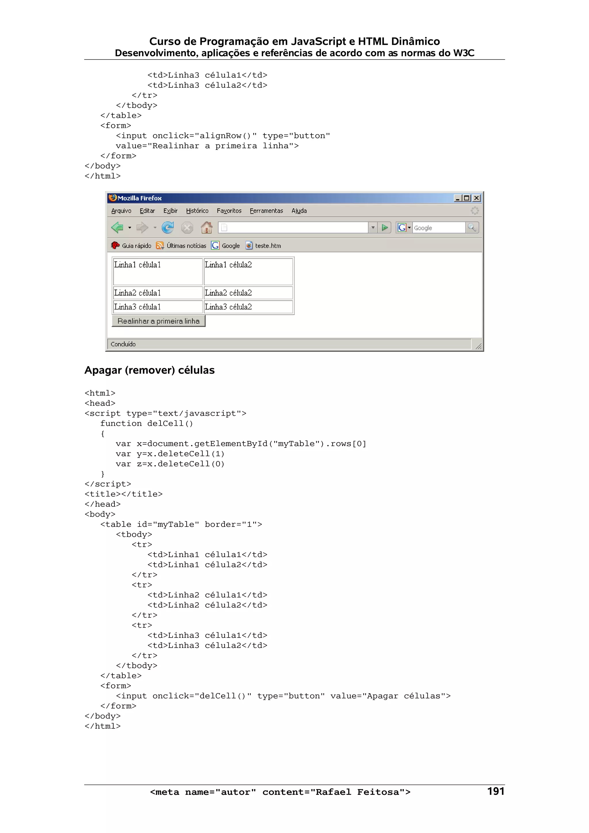 Curso de Programação em JavaScript e HTML Dinâmico Desenvolvimento, aplicações e referências de acordo com as normas do W3C <td>Linha3 célula1</td> <td>Linha3 célula2</td> </tr> </tbody> </table> <form> <input onclick="alignRow()" type="button" value="Realinhar a primeira linha"> </form> </body> </html> Apagar (remover) células <html> <head> <script type="text/javascript"> function delCell() { var x=document.getElementById("myTable").rows[0] var y=x.deleteCell(1) var z=x.deleteCell(0) } </script> <title></title> </head> <body> <table id="myTable" border="1"> <tbody> <tr> <td>Linha1 célula1</td> <td>Linha1 célula2</td> </tr> <tr> <td>Linha2 célula1</td> <td>Linha2 célula2</td> </tr> <tr> <td>Linha3 célula1</td> <td>Linha3 célula2</td> </tr> </tbody> </table> <form> <input onclick="delCell()" type="button" value="Apagar células"> </form> </body> </html> <meta name="autor" content="Rafael Feitosa"> 191 