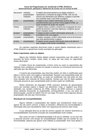 Curso de Programação em JavaScript e HTML Dinâmico
Desenvolvimento, aplicações e referências de acordo com as normas do W3C
document métodos
propriedades
coleções
O objeto document pertence ao objeto window e
representa o conteúdo da página HTML. Ele nos dá
acesso aos elementos que definem a página e permite-
nos controlar tudo o que está na página.
event propriedades O objeto event contém informação acerca dos
acontecimentos que ocorrem numa página HTML, os
quais resultam de ações do usuário.
history propriedades
métodos
O objeto history contém a história da navegação de uma
janela do browser e permite regressar a páginas que já
foram visitadas antes
location propriedades
métodos
O objeto location contém informação acerca da
procedência de uma página
navigator propriedades O objeto navigator contém informação acerca do browser
que está apresentando a página.
screen propriedades O objeto screen guarda informação acerca da tela em
que a página está sendo visualizada
Os capítulos seguintes descrevem estes e outros objetos importantes para o
HTML Dinâmico e apresentam muitos exemplos de aplicação.
Notas importantes sobre os objetos
Alguns dos métodos destes objetos aceitam argumentos que não podem ser
descritos de forma simples, deste modo, se optou por não incluir os argumentos
nestas descrições.
A melhor forma de compreender a forma como se usam os argumentos dos
métodos mais complexos consiste em estudar e executar os numerosos exercícios de
aplicação que são oferecidos.
A maioria das propriedades aqui descritas podem ser lidas e modificadas para
alterar a forma como uma página é apresentada. Quando uma propriedade pode ser
lida mas não pode ser modificada, ou pode ser modificada mas não pode ser lida,
essa situação será indicada de forma explícita. Sempre que não for dada qualquer
indicação assume-se que a propriedade pode ser lida e pode ser modificada.
Muitos elementos da linguagem HTML possuem atributos de apresentação
(como por exemplo vspace e hspace nos elementos <img> e <applet>) que foram
rejeitados nas versões modernas do HTML. Apesar do DOM continuar a suportar
esses atributos fornecendo as propriedades correspondentes, o seu uso deve ser
desencorajado, usando-se estilos CSS em seu lugar. Por esse motivo algumas dessas
propriedades não são aqui mencionadas.
Resolução de incompatibilidades
Alguns métodos e propriedades dos objetos que estudaremos neste curso,
apesar de não serem comuns a todos os browsers, oferecem-nos funcionalidades e
informação úteis que não podemos obter com segurança de nenhum outro modo.
A sua utilização deve-se ao fato de sermos capazes de resolver facilmente as
incompatibilidades recorrendo a funções de compatibilidade muito simples.
Nos casos em que o método/propriedade é de pouca utilidade, ou em que não
é possível escrever uma função de compatibilidade simples que tire partido da sua
funcionalidade, optamos por ignorar esse método ou propriedade. Num caso destes a
<meta name="autor" content="Rafael Feitosa"> 110
 