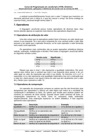 Curso de Programação em JavaScript e HTML Dinâmico
Desenvolvimento, aplicações e referências de acordo com as normas do W3C
var numeroDeElementos = sortido.length;
a variável numeroDeElementos ficará com o valor 7 (repare que inserimos um
elemento adicional com o índice 6, o que fez crescer o array). De forma análoga se
usarmos frutas_nacionais.length iremos obter 3.
7. Operadores
A linguagem JavaScript possui muitos operadores de diversos tipos. Aqui
iremos abordar apenas os aspectos mais básicos dos operadores disponíveis.
7.1 Operadores de atribuição de valor
Uma das coisas que os operadores podem fazer é fornecer um valor àquilo que
estiver à sua esquerda. Se o que está à esquerda for uma variável então o valor dela
passará a ser aquilo que o operador forneceu, se for outro operador o valor fornecido
será usado como operando.
Os operadores mais conhecidos são as quatro operações aritméticas básicas
(adição, subtração, multiplicação e divisão.) Para estes a linguagem JavaScript define
as seguintes versões curtas:
Versão curta Significado
x+=y x=x+y
x-=y x=x-y
x*=y x=x*y
x/=y x=x/y
Repare que aqui o sinal = não representa a igualdade matemática. Ele serve
apenas para indicar que a variável que está à sua esquerda deve passar a ter um
valor igual ao valor da expressão que está à sua direita. Se tivermos x=5 e y=7 a
expressão x=x+y não representa uma igualdade matemática mas sim a indicação que
o valor de x deve passar a ser igual à soma do valor que tem atualmente com o valor
de y. Neste caso x passaria a valer 12.
7.2 Operadores de comparação
Um operador de comparação compara os valores que lhe são fornecidos (que
designamos por operandos) e retorna um valor lógico que indica se o resultado da
comparação é verdadeiro ou falso. Os valores que recebe para analisar podem ser
números ou variáveis de texto (string). Quando atuam sobre variáveis de texto, as
comparações baseiam-se na forma como os caracteres estão ordenados
seqüencialmente. Esta ordenação baseia-se na ordem alfabética. A lista seguinte
apresenta estes operadores.
Operador Descrição Exemplo
Igualdade (==) Verifica se os dois operandos são
iguais
x==y dá true se x igualar y
Desigualdade
(!=)
Verifica se os operandos são
desiguais
x!=y dá true se x não for
igual a y
Maior do que (>) Verifica se o operando da esquerda é
maior do que o da direita
x>y dá true se x for maior
do que y
Maior ou igual
(>=)
Verifica se o operando da esquerda é
maior ou igual ao da direita
x>=y dá true se x for maior
ou igual a y
Menor do que Verifica se o operando da esquerda é x<y dá true se x for menor
<meta name="autor" content="Rafael Feitosa"> 14
 