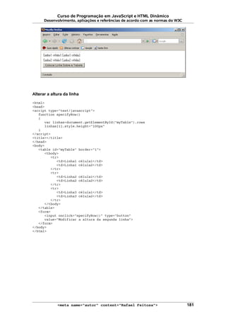 Curso de Programação em JavaScript e HTML Dinâmico
Desenvolvimento, aplicações e referências de acordo com as normas do W3C
Alterar a altura da linha
<html>
<head>
<script type="text/javascript">
function specifyRow()
{
var linhas=document.getElementById("myTable").rows
linhas[1].style.height="100px"
}
</script>
<title></title>
</head>
<body>
<table id="myTable" border="1">
<tbody>
<tr>
<td>Linha1 célula1</td>
<td>Linha1 célula2</td>
</tr>
<tr>
<td>Linha2 célula1</td>
<td>Linha2 célula2</td>
</tr>
<tr>
<td>Linha3 célula1</td>
<td>Linha3 célula2</td>
</tr>
</tbody>
</table>
<form>
<input onclick="specifyRow()" type="button"
value="Modificar a altura da segunda linha">
</form>
</body>
</html>
<meta name="autor" content="Rafael Feitosa"> 181
 