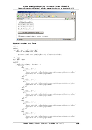 Curso de Programação em JavaScript e HTML Dinâmico
Desenvolvimento, aplicações e referências de acordo com as normas do W3C
Apagar (remover) uma linha
<html>
<head>
<script type="text/javascript">
function deleteMe(rowIndex)
{
document.getElementById("myTable").deleteRow(rowIndex)
}
</script>
<title></title>
</head>
<body>
<table id="myTable" border="1">
<tbody>
<tr>
<td>Linha 1</td>
<td>
<input onclick="deleteMe(this.parentNode.parentNode.rowIndex)"
type="button" value="Apague-me">
</td>
</tr>
<tr>
<td>Linha 2</td>
<td>
<input onclick="deleteMe(this.parentNode.parentNode.rowIndex)"
type="button" value="Apague-me">
</td>
</tr>
<tr>
<td>Linha 3</td>
<td>
<input onclick="deleteMe(this.parentNode.parentNode.rowIndex)"
type="button" value="Apague-me">
</td>
</tr>
<tr>
<td>Linha 4</td>
<td>
<input onclick="deleteMe(this.parentNode.parentNode.rowIndex)"
type="button" value="Apague-me">
</td>
</tr>
<tr>
<td>Linha 5</td>
<td>
<input onclick="deleteMe(this.parentNode.parentNode.rowIndex)"
type="button" value="Apague-me">
<meta name="autor" content="Rafael Feitosa"> 184
 