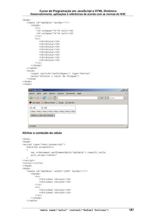 Curso de Programação em JavaScript e HTML Dinâmico
Desenvolvimento, aplicações e referências de acordo com as normas do W3C
<body>
<table id="myTable" border="1">
<tbody>
<tr>
<td colspan="4">A cell</td>
<td colspan="4">A cell</td>
</tr>
<tr>
<td>célula</td>
<td>célula</td>
<td>célula</td>
<td>célula</td>
<td>célula</td>
<td>célula</td>
<td>célula</td>
<td>célula</td>
</tr>
</tbody>
</table>
<form>
<input onclick="setColSpan()" type="button"
value="Alterar o valor de Colspan">
</form>
</body>
</html>
Alinhar o conteúdo da célula
<html>
<head>
<script type="text/javascript">
function alignCell()
{
var x=document.getElementById("myTable").rows[0].cells
x[0].align="center"
}
</script>
<title></title>
</head>
<body>
<table id="myTable" width="100%" border="1">
<tbody>
<tr>
<td>Linha1 célula1</td>
<td>Linha1 célula2</td>
</tr>
<tr>
<td>Linha2 célula1</td>
<td>Linha2 célula2</td>
</tr>
</tbody>
</table>
<meta name="autor" content="Rafael Feitosa"> 187
 