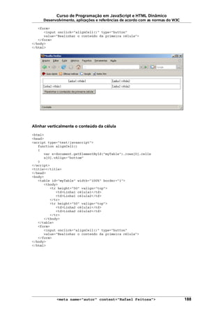 Curso de Programação em JavaScript e HTML Dinâmico
Desenvolvimento, aplicações e referências de acordo com as normas do W3C
<form>
<input onclick="alignCell()" type="button"
value="Realinhar o conteúdo da primeira célula">
</form>
</body>
</html>
Alinhar verticalmente o conteúdo da célula
<html>
<head>
<script type="text/javascript">
function alignCell()
{
var x=document.getElementById("myTable").rows[0].cells
x[0].vAlign="bottom"
}
</script>
<title></title>
</head>
<body>
<table id="myTable" width="100%" border="1">
<tbody>
<tr height="50" valign="top">
<td>Linha1 célula1</td>
<td>Linha1 célula2</td>
</tr>
<tr height="50" valign="top">
<td>Linha2 célula1</td>
<td>Linha2 célula2</td>
</tr>
</tbody>
</table>
<form>
<input onclick="alignCell()" type="button"
value="Realinhar o conteúdo da primeira célula">
</form>
</body>
</html>
<meta name="autor" content="Rafael Feitosa"> 188
 