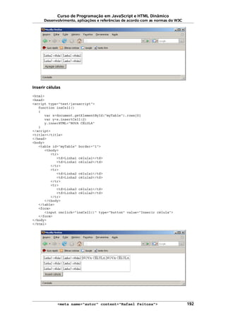 Curso de Programação em JavaScript e HTML Dinâmico
Desenvolvimento, aplicações e referências de acordo com as normas do W3C
Inserir células
<html>
<head>
<script type="text/javascript">
function insCell()
{
var x=document.getElementById("myTable").rows[0]
var y=x.insertCell(2)
y.innerHTML="NOVA CÉLULA"
}
</script>
<title></title>
</head>
<body>
<table id="myTable" border="1">
<tbody>
<tr>
<td>Linha1 célula1</td>
<td>Linha1 célula2</td>
</tr>
<tr>
<td>Linha2 célula1</td>
<td>Linha2 célula2</td>
</tr>
<tr>
<td>Linha3 célula1</td>
<td>Linha3 célula2</td>
</tr>
</tbody>
</table>
<form>
<input onclick="insCell()" type="button" value="Inserir célula">
</form>
</body>
</html>
<meta name="autor" content="Rafael Feitosa"> 192
 