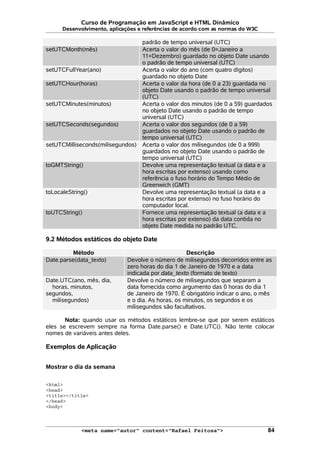 Curso de Programação em JavaScript e HTML Dinâmico
Desenvolvimento, aplicações e referências de acordo com as normas do W3C
padrão de tempo universal (UTC)
setUTCMonth(mês) Acerta o valor do mês (de 0=Janeiro a
11=Dezembro) guardado no objeto Date usando
o padrão de tempo universal (UTC)
setUTCFullYear(ano) Acerta o valor do ano (com quatro dígitos)
guardado no objeto Date
setUTCHour(horas) Acerta o valor da hora (de 0 a 23) guardada no
objeto Date usando o padrão de tempo universal
(UTC)
setUTCMinutes(minutos) Acerta o valor dos minutos (de 0 a 59) guardados
no objeto Date usando o padrão de tempo
universal (UTC)
setUTCSeconds(segundos) Acerta o valor dos segundos (de 0 a 59)
guardados no objeto Date usando o padrão de
tempo universal (UTC)
setUTCMilliseconds(milisegundos) Acerta o valor dos milisegundos (de 0 a 999)
guardados no objeto Date usando o padrão de
tempo universal (UTC)
toGMTString() Devolve uma representação textual (a data e a
hora escritas por extenso) usando como
referência o fuso horário do Tempo Médio de
Greenwich (GMT)
toLocaleString() Devolve uma representação textual (a data e a
hora escritas por extenso) no fuso horário do
computador local.
toUTCString() Fornece uma representação textual (a data e a
hora escritas por extenso) da data contida no
objeto Date medida no padrão UTC.
9.2 Métodos estáticos do objeto Date
Método Descrição
Date.parse(data_texto) Devolve o número de milisegundos decorridos entre as
zero horas do dia 1 de Janeiro de 1970 e a data
indicada por data_texto (formato de texto)
Date.UTC(ano, mês, dia,
horas, minutos,
segundos,
milisegundos)
Devolve o número de milisegundos que separam a
data fornecida como argumento das 0 horas do dia 1
de Janeiro de 1970. É obrigatório indicar o ano, o mês
e o dia. As horas, os minutos, os segundos e os
milisegundos são facultativos.
Nota: quando usar os métodos estáticos lembre-se que por serem estáticos
eles se escrevem sempre na forma Date.parse() e Date.UTC(). Não tente colocar
nomes de variáveis antes deles.
Exemplos de Aplicação
Mostrar o dia da semana
<html>
<head>
<title></title>
</head>
<body>
<meta name="autor" content="Rafael Feitosa"> 84
 