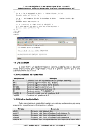 Curso de Programação em JavaScript e HTML Dinâmico
Desenvolvimento, aplicações e referências de acordo com as normas do W3C
<!--
var s = "25 de Novembro de 2003: " + Date.UTC(2003,11,25)
document.write(s+"<br><br>")
var s = " 10 horas do dia 25 de Novembro de 2003: " + Date.UTC(2003,11,
25,10)
document.write(s+"<br><br>")
var s = "Sun Nov 25 2040 15:02:39 GMT+0000: "
s += Date.parse("Sun Nov 25 2040 15:02:39 GMT+0000")
document.write(s+"<br><br>")
// -->
</script>
</body>
</html>
10. Objeto Math
O objeto Math é um objeto intrínseco do sistema JavaScript. Ele não deve ser
criado explicitamente pelo programador porque é o próprio sistema que o cria
automaticamente ao arrancar.
10.1 Propriedades do objeto Math
Propriedade Descrição
E Contém a base dos logaritmos naturais (número de Euler)
LN2 Contém o logaritmo natural de 2 (base E)
LN10 Contém o logaritmo natural de 10 (base E)
LOG2E Contém o logaritmo de E na base 2
LOG10E Contém o logaritmo de E na base 10
PI Contém o número PI (3.1415927...)
SQRT1_2 Contém 1 a dividir pela raiz quadrada de 2
SQRT2 Contém a raiz quadrada de 2
10.2 Métodos do objeto Math
Todos os métodos do objeto Math aceitam um, dois ou nenhum números como
argumentos e devolvem um número como resultado.
Método Descrição
abs(x) Devolve o valor absoluto de x
acos(x) Devolve o valor do arco (radianos) cujo cosseno é x
asin(x) Devolve o valor do arco (radianos) cujo seno é x
atan(x) Devolve o valor do arco (radianos) cuja tangente é x
atan2(x, y) Devolve o valor do ângulo formado pelo eixo dos xx com a linha
<meta name="autor" content="Rafael Feitosa"> 89
 